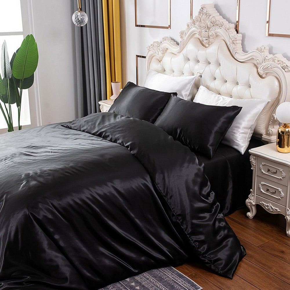 Queen Quilt Cover Silk Satin Bedding Set-Black