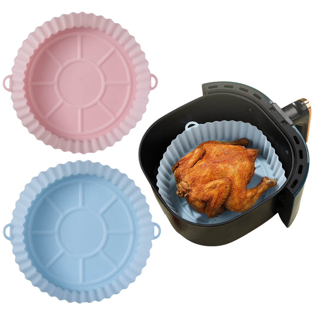 2pcs Silicone Air Fryer Liner Reusable Round Baking Tray Air Fryer Basket -Pink and Light blue