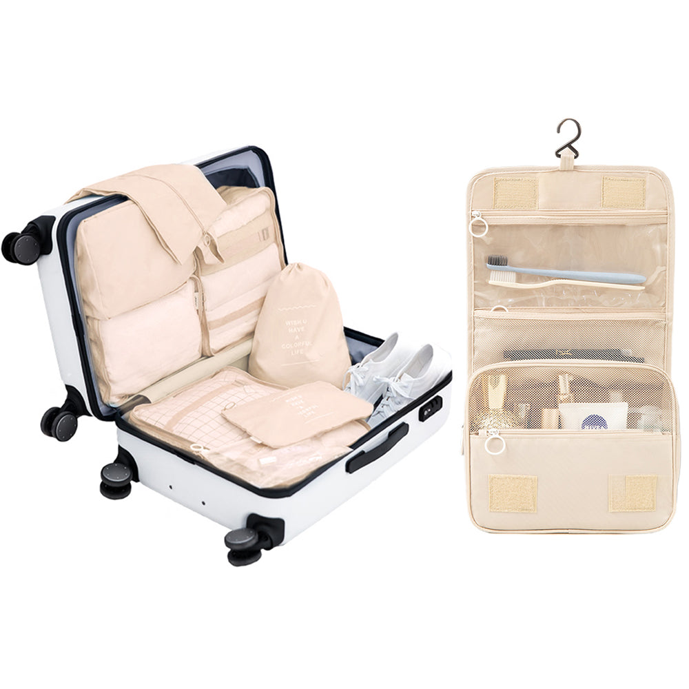 8Pcs Packing Cubes Travel Pouches Luggage Organizer Clothes Suitcase Storage Bag -Beige