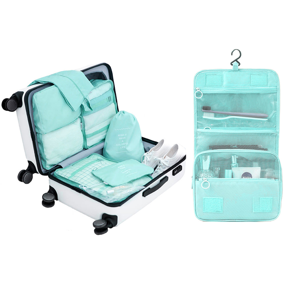 8Pcs Packing Cubes Travel Pouches Luggage Organizer Clothes Suitcase Storage Bag -Light blue