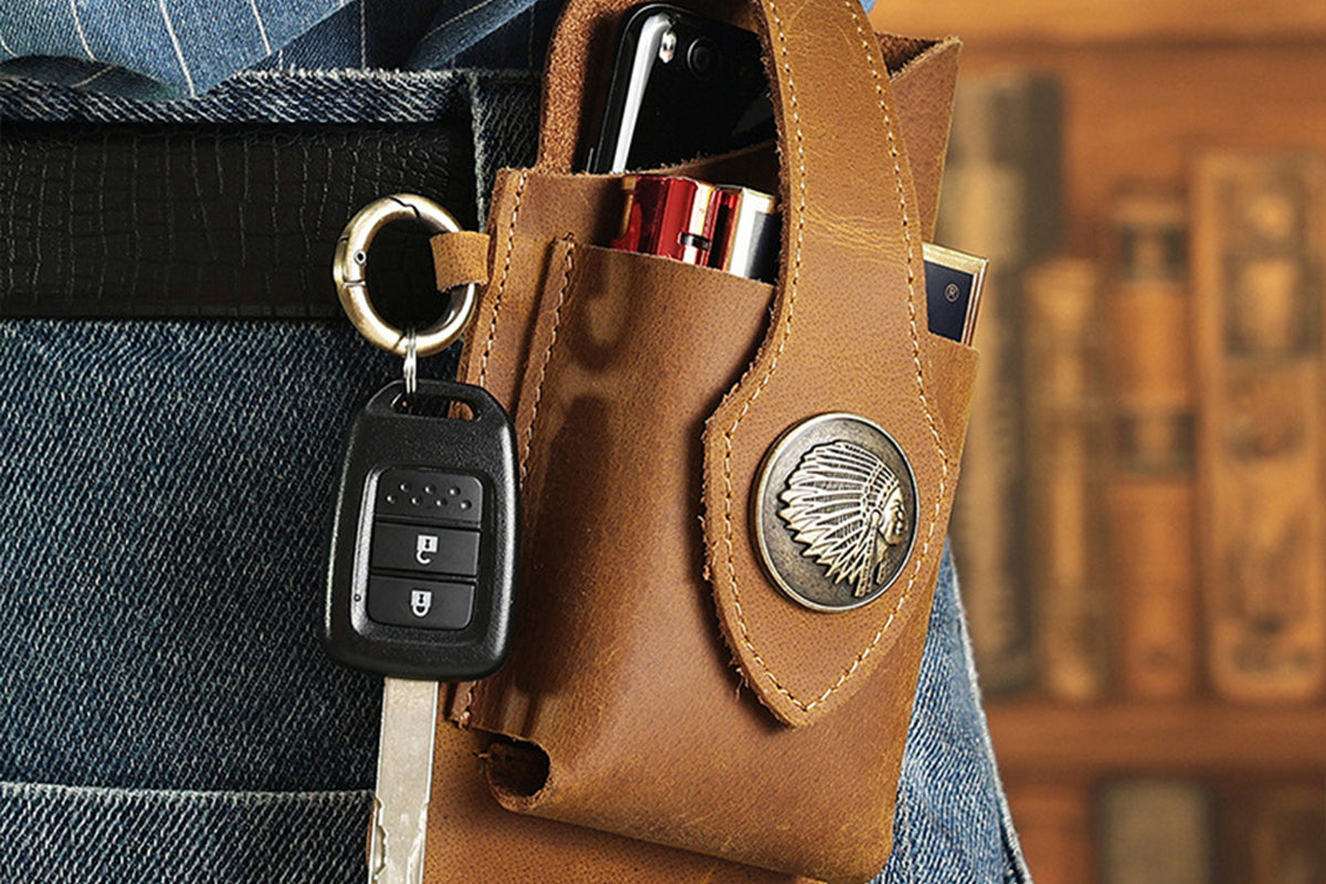 Multifunctional Storage Bag Cell Phone Stand Holder Leather Waist Belt Fashion Belt Bag-Brown