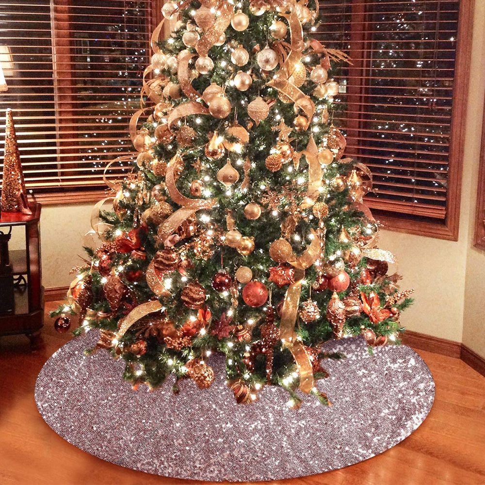 Christmas Tree Skirt Round Sparkle Sequins Xmas Tree Mat for Holiday Party Home Decorations -Rose Gold