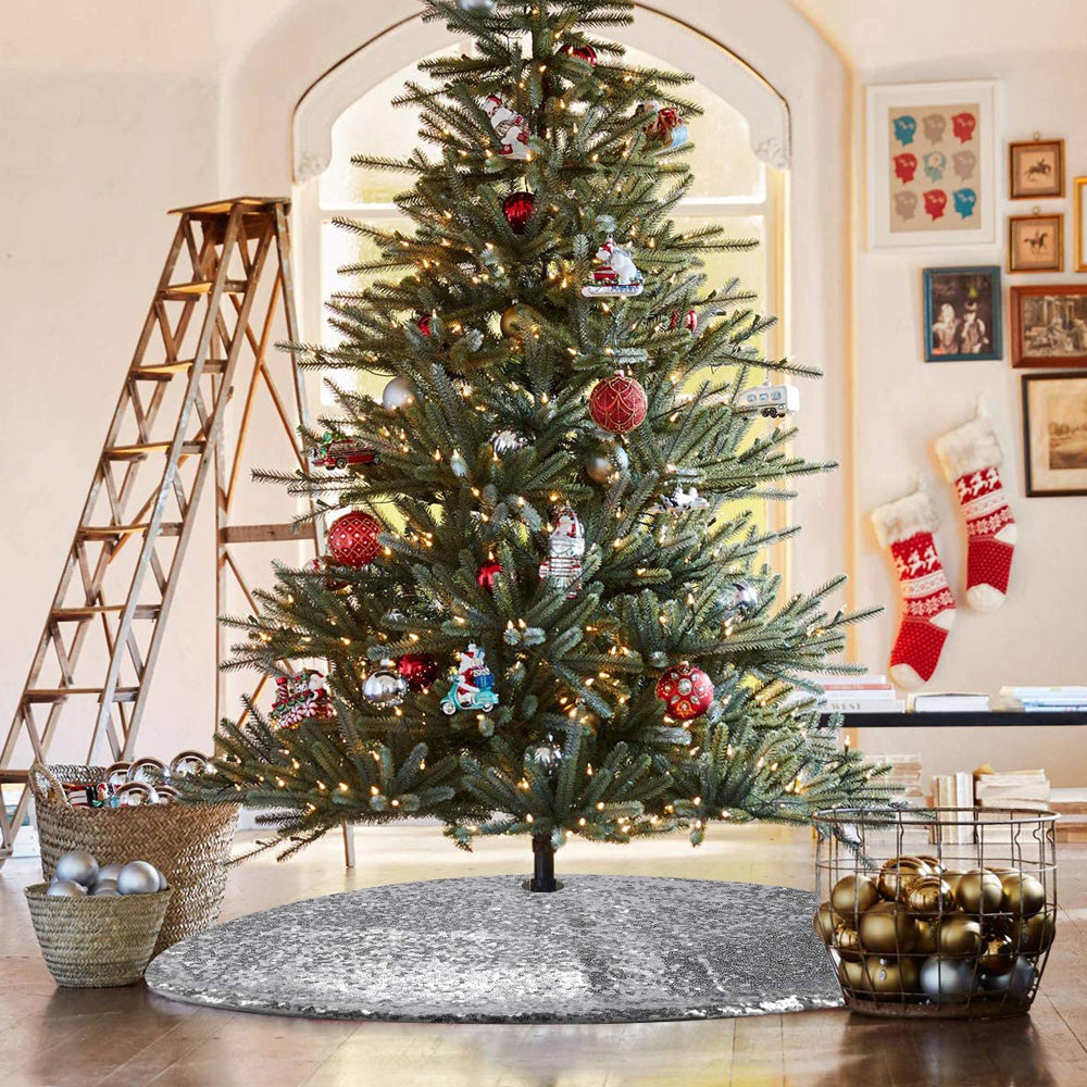 2pcs Round Christmas Tree Skirt Sparkle Sequins Xmas Tree Mats Tree Decorations for Home Decor -Gold and SilveRed