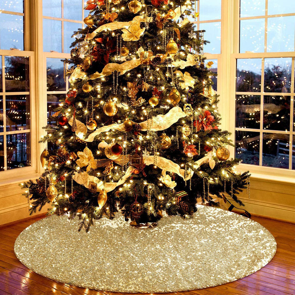 Christmas Tree Skirt Round Sparkle Sequins Xmas Tree Mat for Holiday Party Home Decorations -Gold