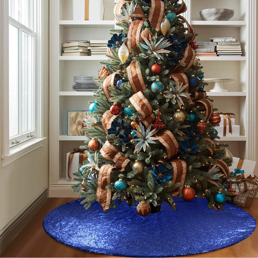 2pcs Round Christmas Tree Skirt Sparkle Sequins Xmas Tree Mats Tree Decorations for Home Decor -Blue and Red