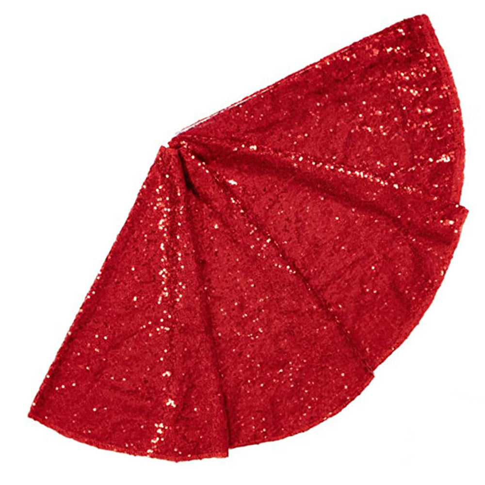 Round Christmas Tree Skirt Sparkle Sequins Xmas Tree Mats Tree Decorations for Home Decor -Red