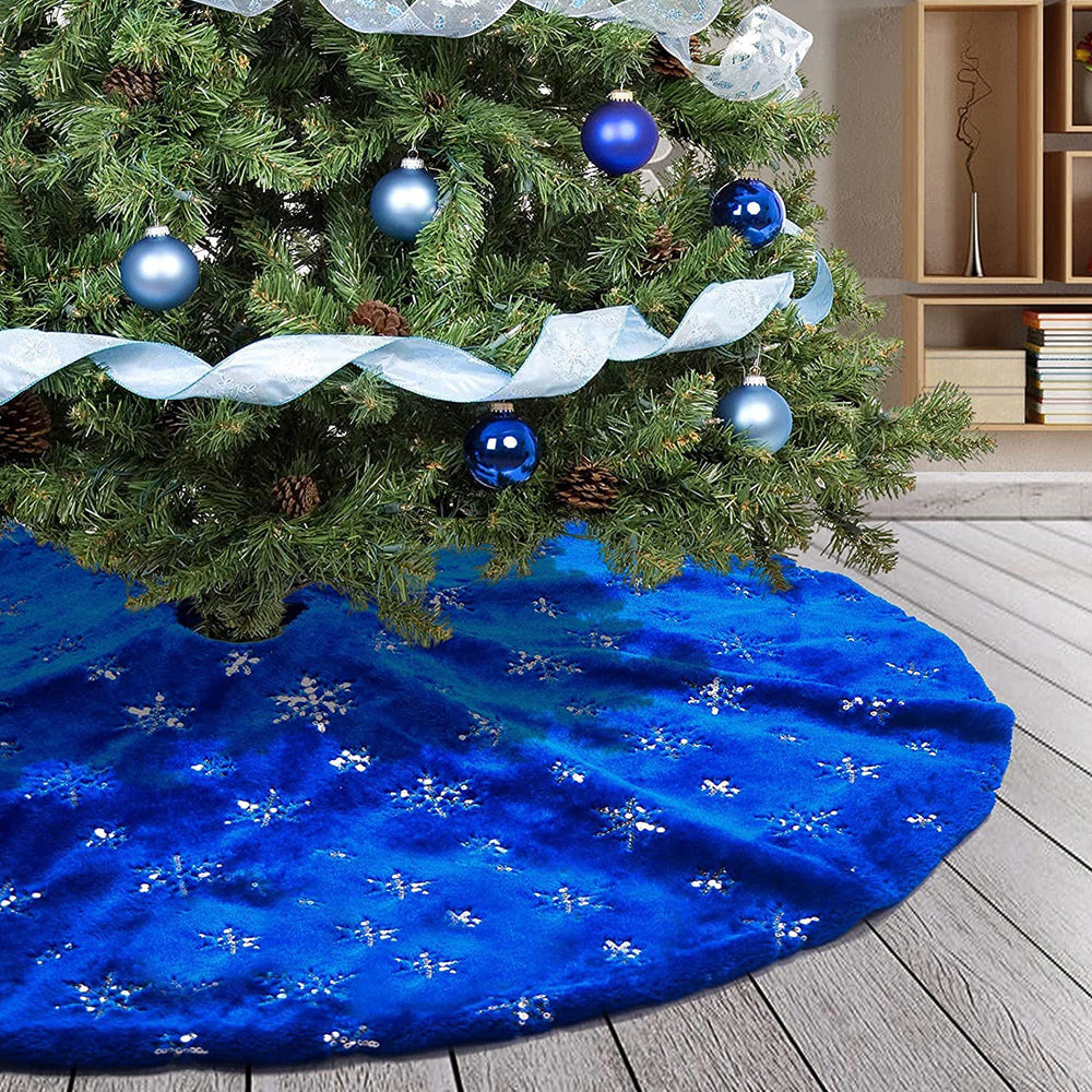 Blue Christmas Tree Skirt Plush Xmas Tree Base Cover Mat for Christmas Home Party Decorations -L
