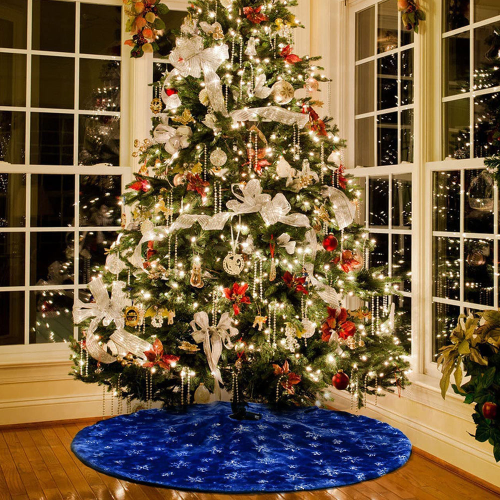 Blue Christmas Tree Skirt Plush Xmas Tree Base Cover Mat for Christmas Home Party Decorations -L