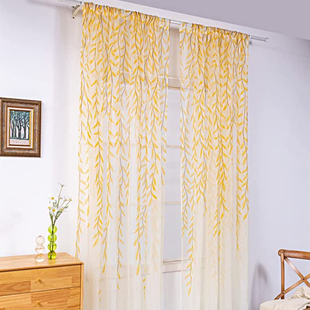 Wall Art Pair of Willow Curtains Voile Tulle Curtains Room Door Curtain Sheer Panel Home Decor-Yellow