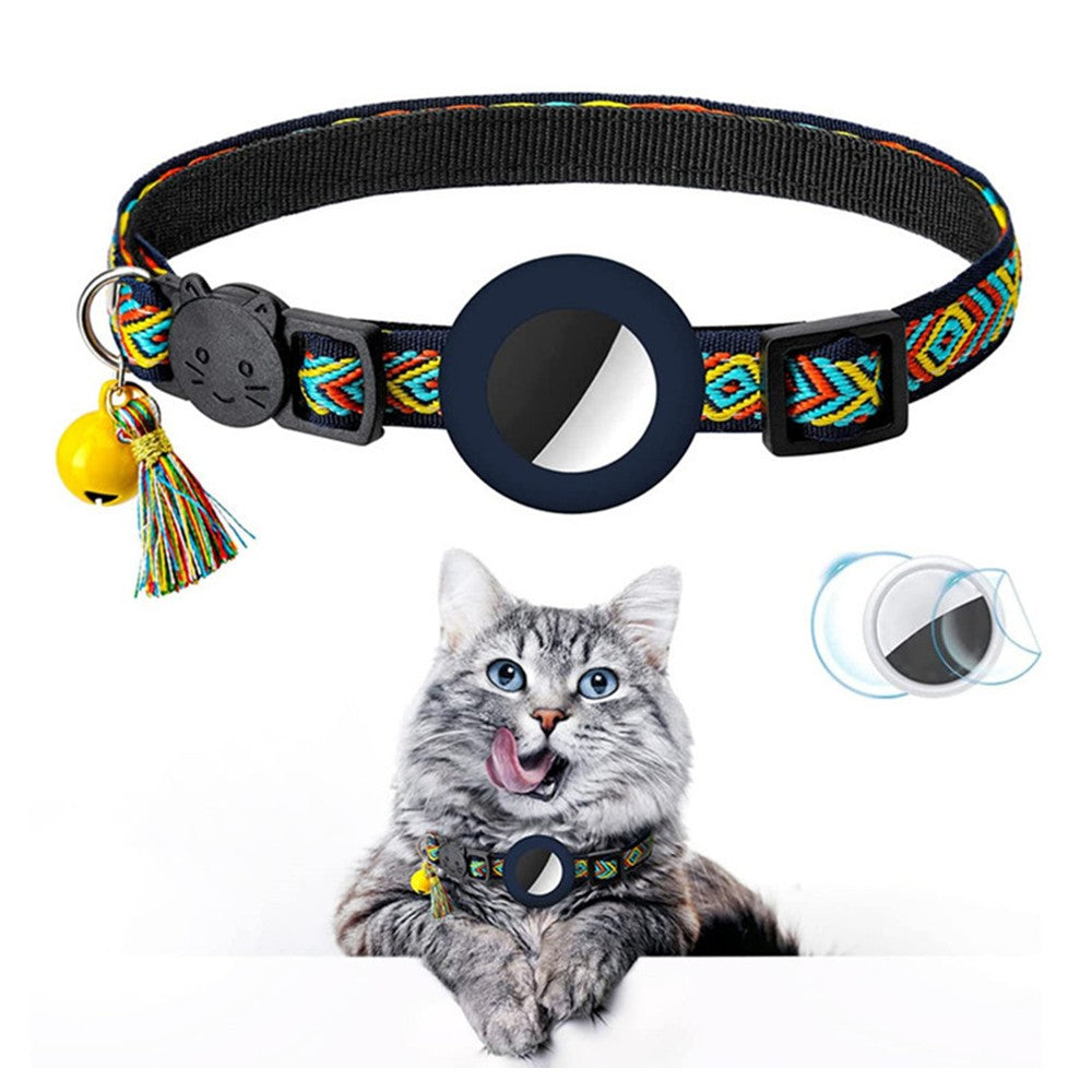 2 X Pet Cat Collar with Airtag Holder Adjustable Geometric Pattern Cat Collar with Bell and Tassel Dark Blue and Purple