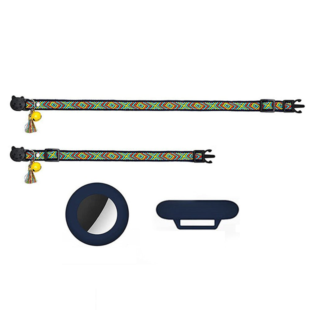 2 X Pet Cat Collar with Airtag Holder Adjustable Geometric Pattern Cat Collar with Bell and Tassel Dark Blue and Purple