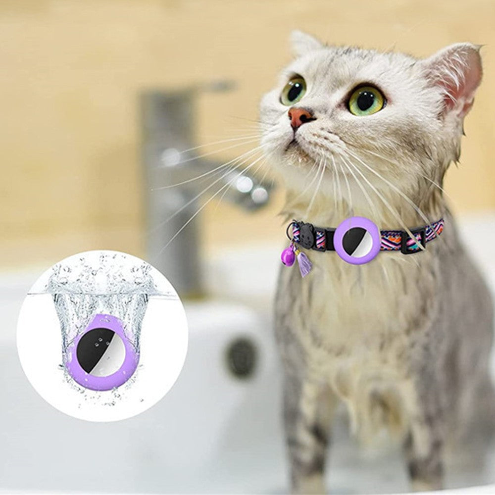 2 X Pet Cat Collar with Airtag Holder Adjustable Geometric Pattern Cat Collar with Bell and Tassel Pink and Purple