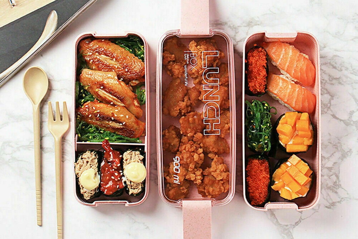 3 Layer Wheat Straw Bento Box Students Lunch Box Eco Friendly Leakproof 900ml Food Container Lunch Box with Compartment-Pink