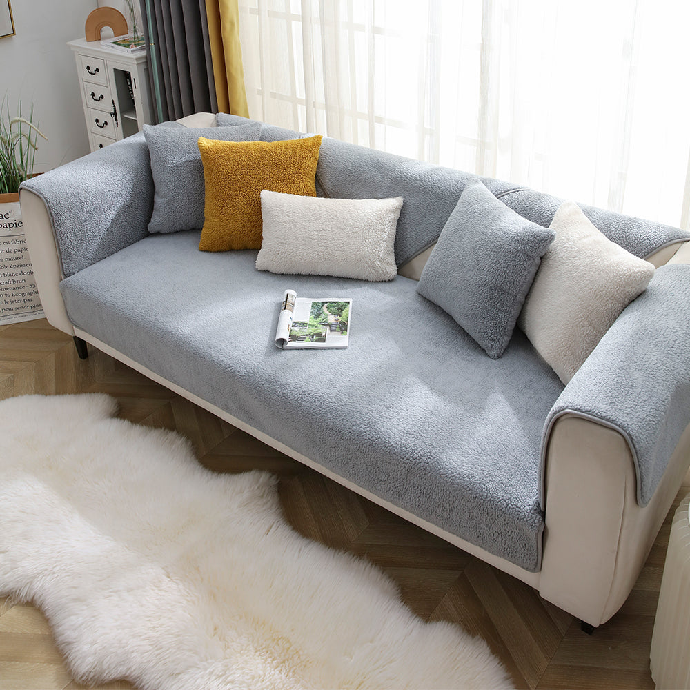 Sofa Cover Plush Sofa Cover Couch Cover Anti-slip Sofa Slipcover Furniture Protective Cover-Grey