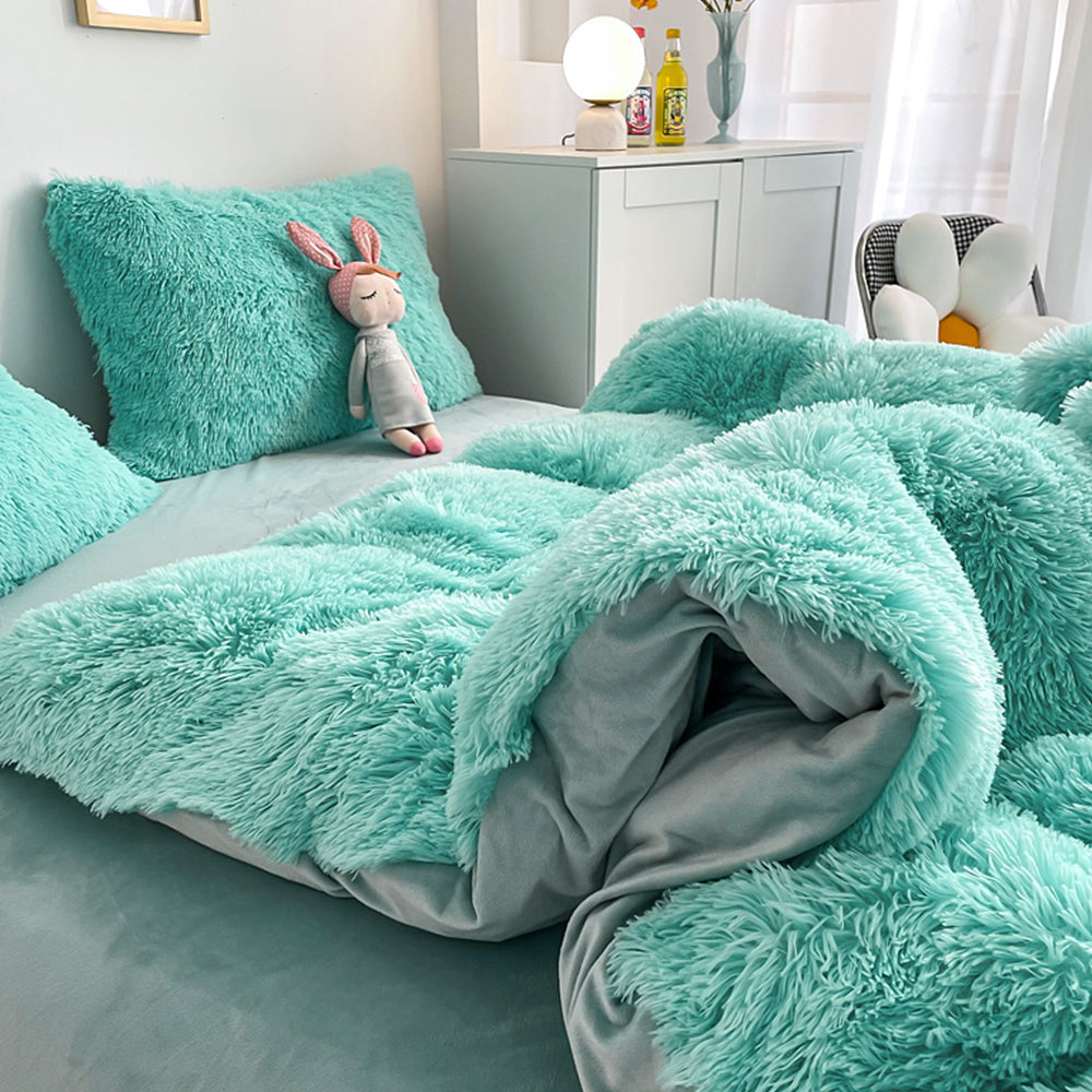 Plush Duvet Cover Set Soft Fluffy Quilt Cover Warm Durable Bedding Set -Blue