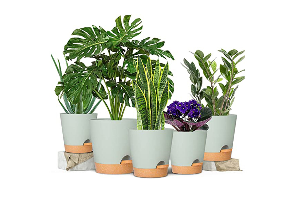 6Pcs Plastic Plant Flower Pots Self Watering Planters Sets-Green