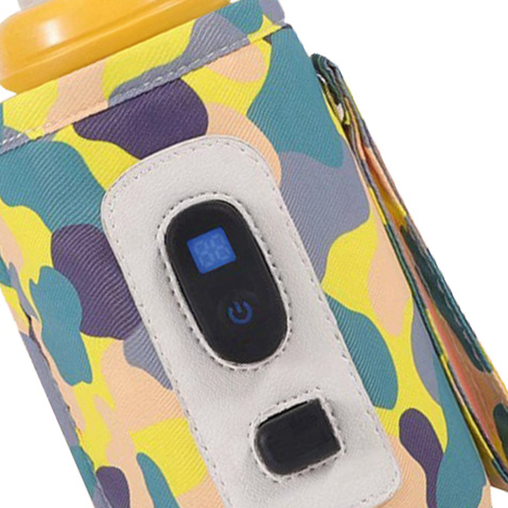 USB Powered Digital Display Baby Milk Bottle Warmer Thermostat Portable Travel Milk Feeding Heater Bag Pouch Camo Yellow