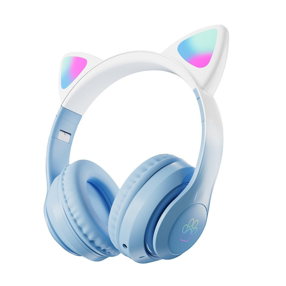 Foldable Wireless Bluetooth 5.3 Headphones LED Illuminated Cat Ear 3D Stereo Headset Sky Blue