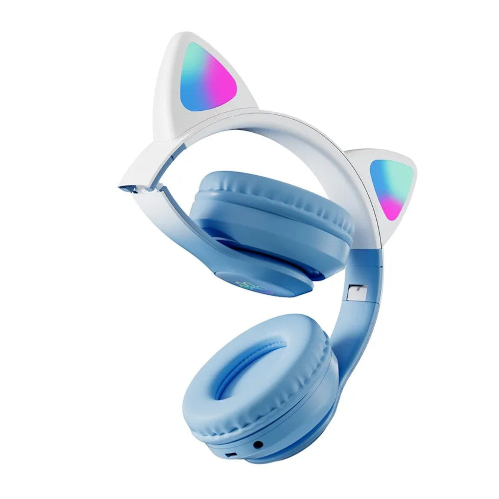 Foldable Wireless Bluetooth 5.3 Headphones LED Illuminated Cat Ear 3D Stereo Headset Sky Blue