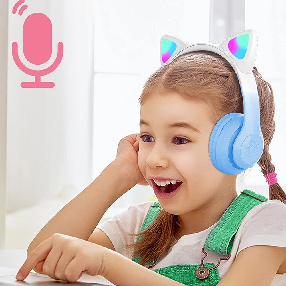 Foldable Wireless Bluetooth 5.3 Headphones LED Illuminated Cat Ear 3D Stereo Headset Sky Blue