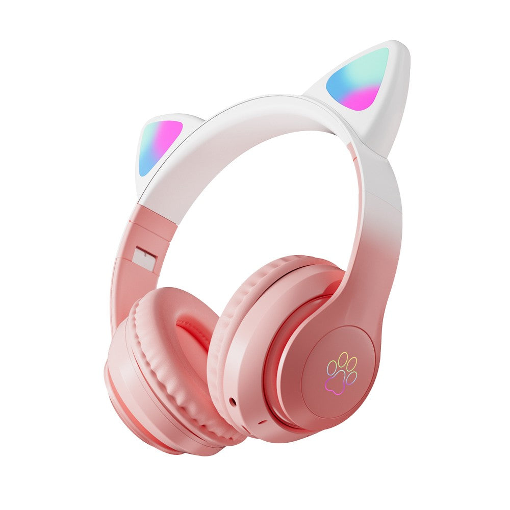 Foldable Wireless Bluetooth 5.3 Headphones LED Illuminated Cat Ear 3D Stereo Headset Pink