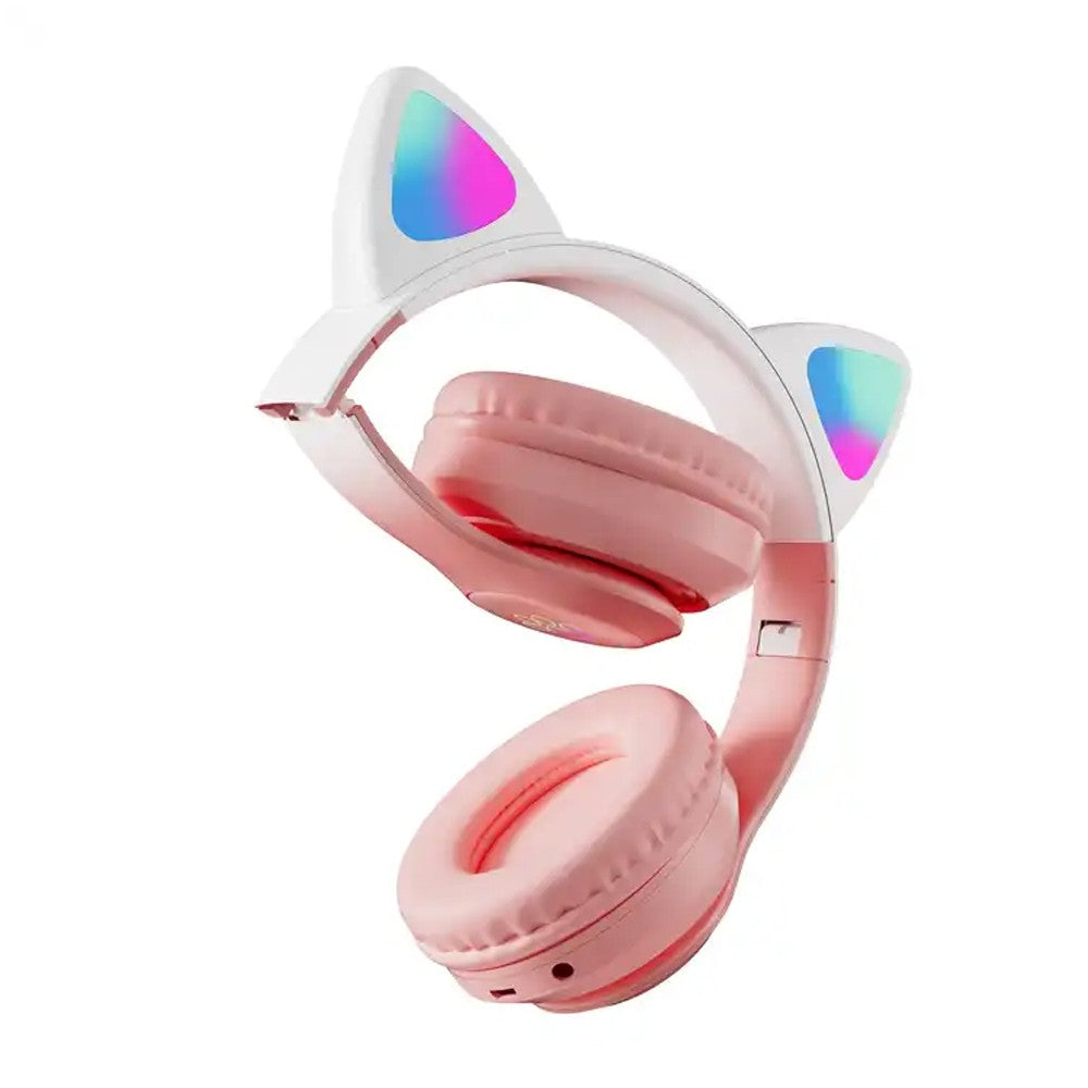 Foldable Wireless Bluetooth 5.3 Headphones LED Illuminated Cat Ear 3D Stereo Headset Pink