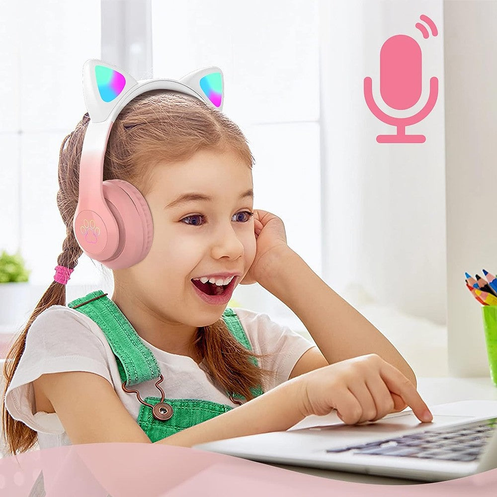 Foldable Wireless Bluetooth 5.3 Headphones LED Illuminated Cat Ear 3D Stereo Headset Pink