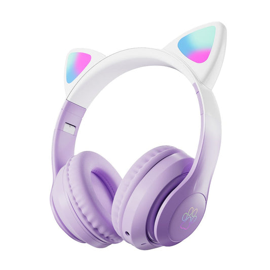 Foldable Wireless Bluetooth 5.3 Headphones LED Illuminated Cat Ear 3D Stereo Headset Purple