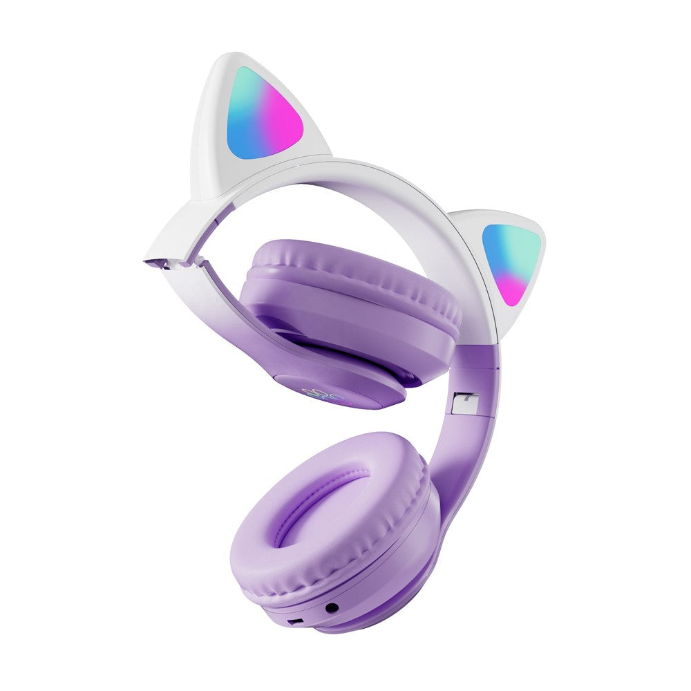 Foldable Wireless Bluetooth 5.3 Headphones LED Illuminated Cat Ear 3D Stereo Headset Purple