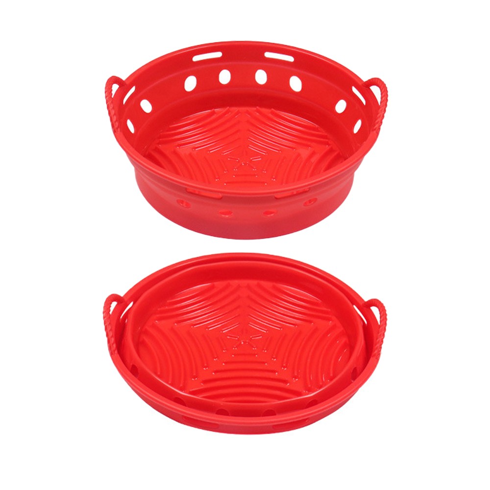 1Pc Round Foldable Air Fryer Silicone Pot Reusable Air Fryer Liner Oven Baking Tray Pan - Red