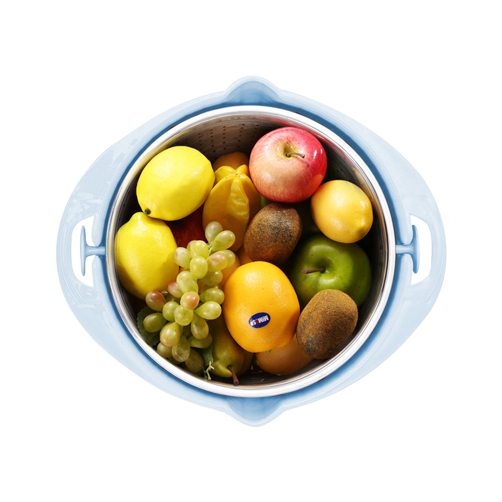 4-in-1 Rotatable Colander Drain Basket Set Kitchen Food Vegetable Washing Drain Colander Blue