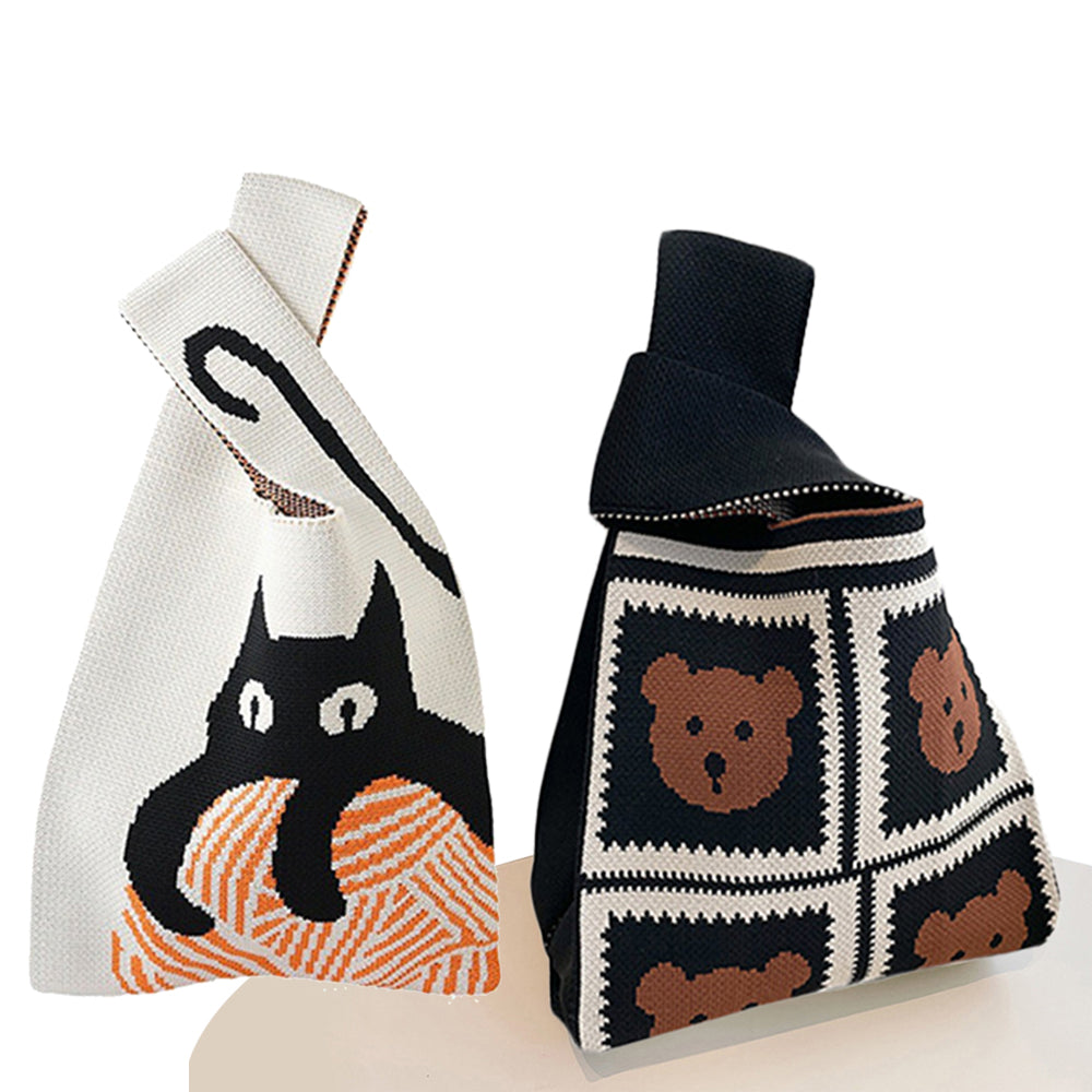 2Pcs Crochet Tote Bag Small Cute Knot Knitted Wrist Bag Cat Bear