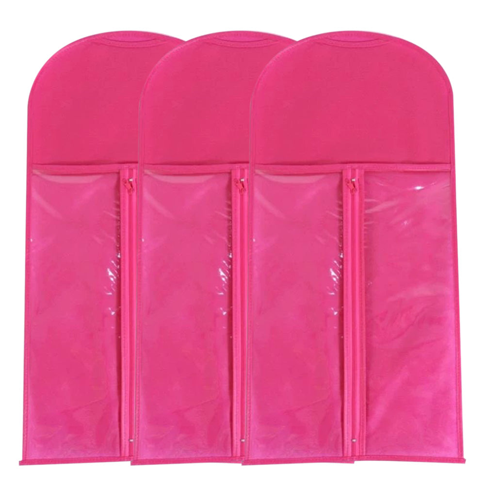 3Pcs Hair Extension Storage Bags with Hangers Dustproof Non-Woven Fake Hair Organizer Rose Red