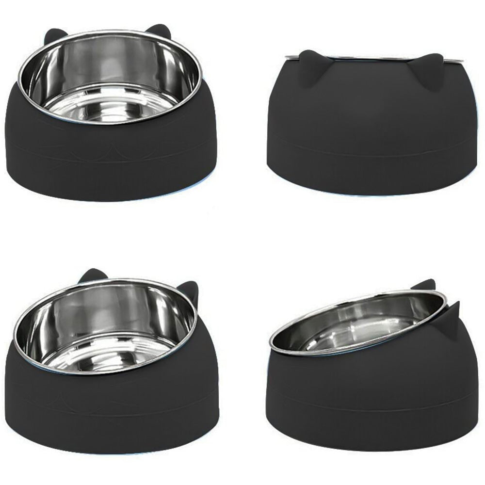 400ml Stainless Steel Tilted Pet Bowl Non-Slip Raised Feeder for Cats and Dogs-Black