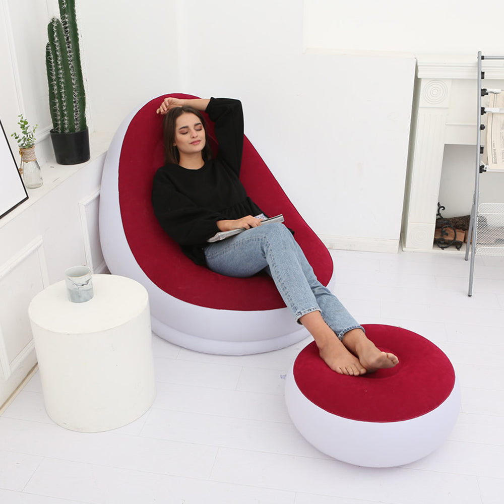 Inflatable Sofa Couch and Footrest Set Flocking Blow Up Couch Chair Set for Camping Balcony Bedroom Wine Red