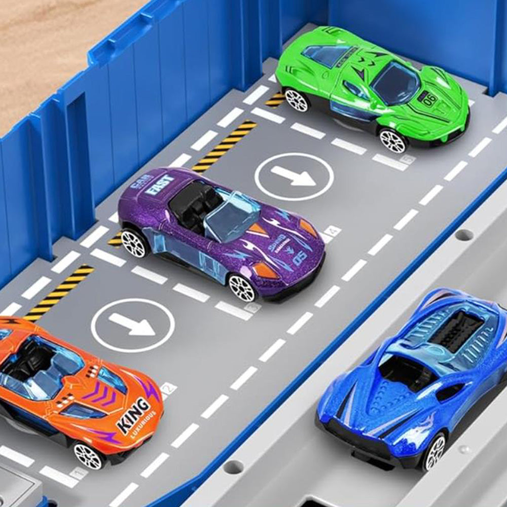 Transform Carrier Truck Race Track Toys with 8 Mini Race Cars Blue