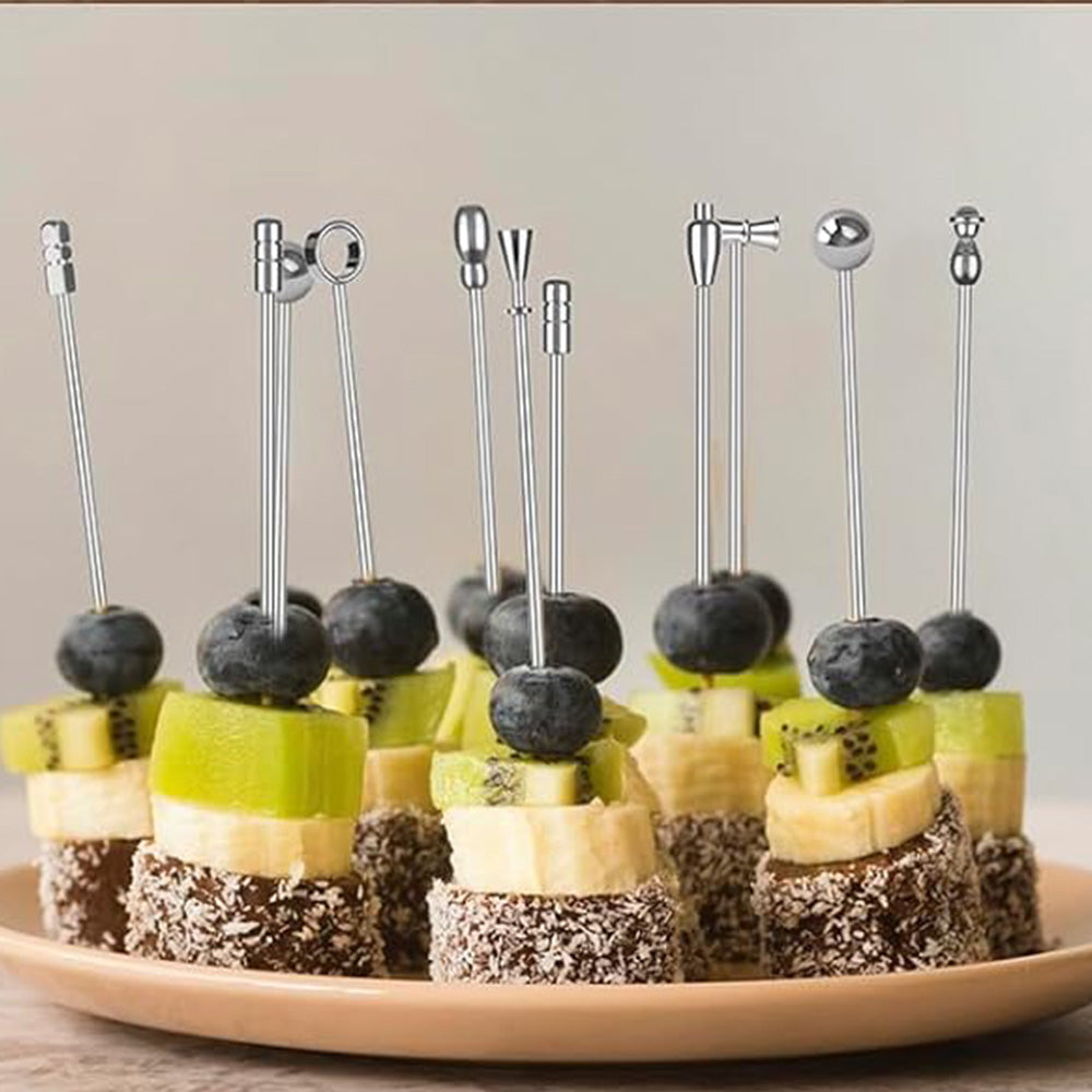 9PCS Stainless Steel Fruit Picks Reusable Metal Cocktail Appetizer Skewers