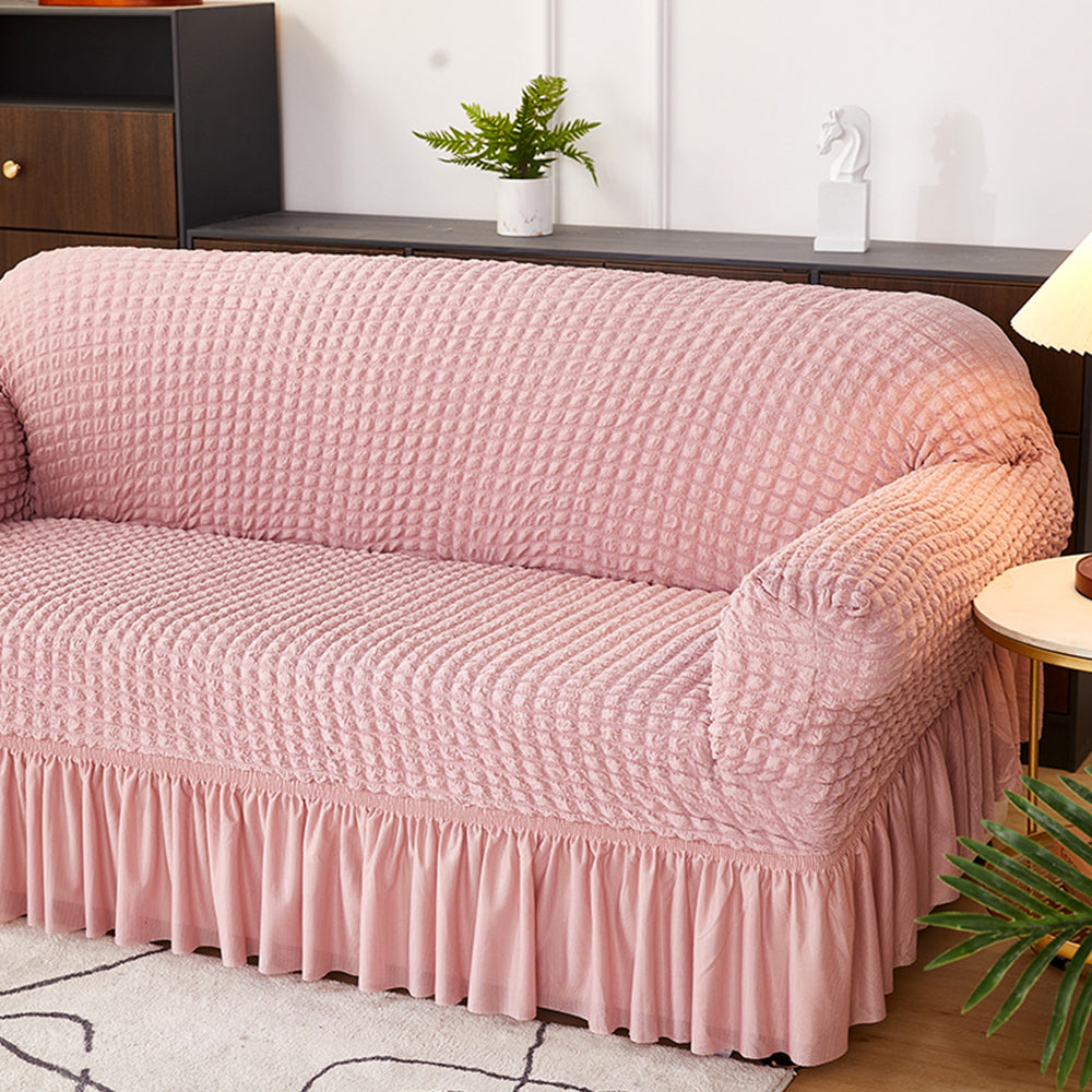 Seersucker Couch Cover with Ruffle Hemline Stretch Sofa Cover -Pink