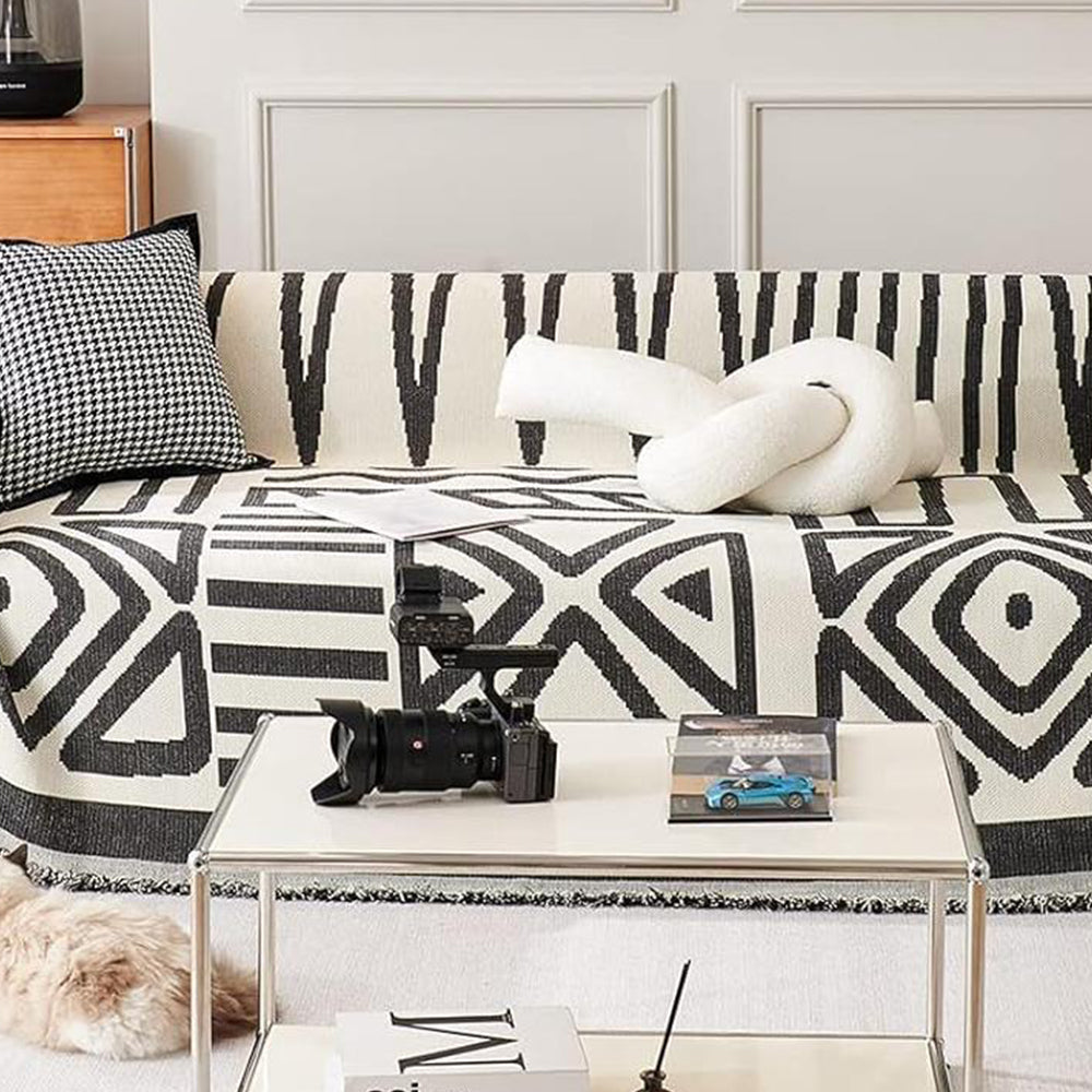 Boho Couch Cover Geometric Sofa Blanket Furniture Protector Black