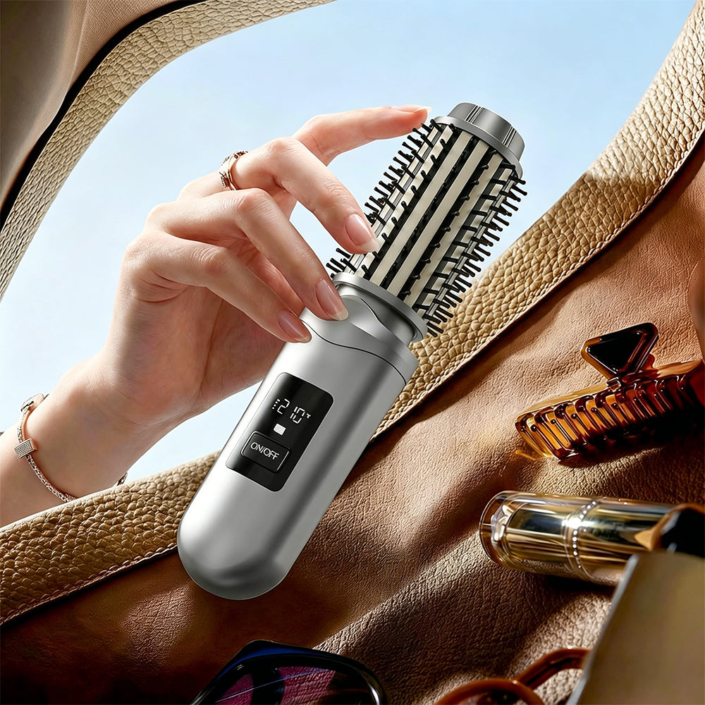2 in 1 Cordless Hair Straightener Brush Curling Iron with LCD Display-Grey