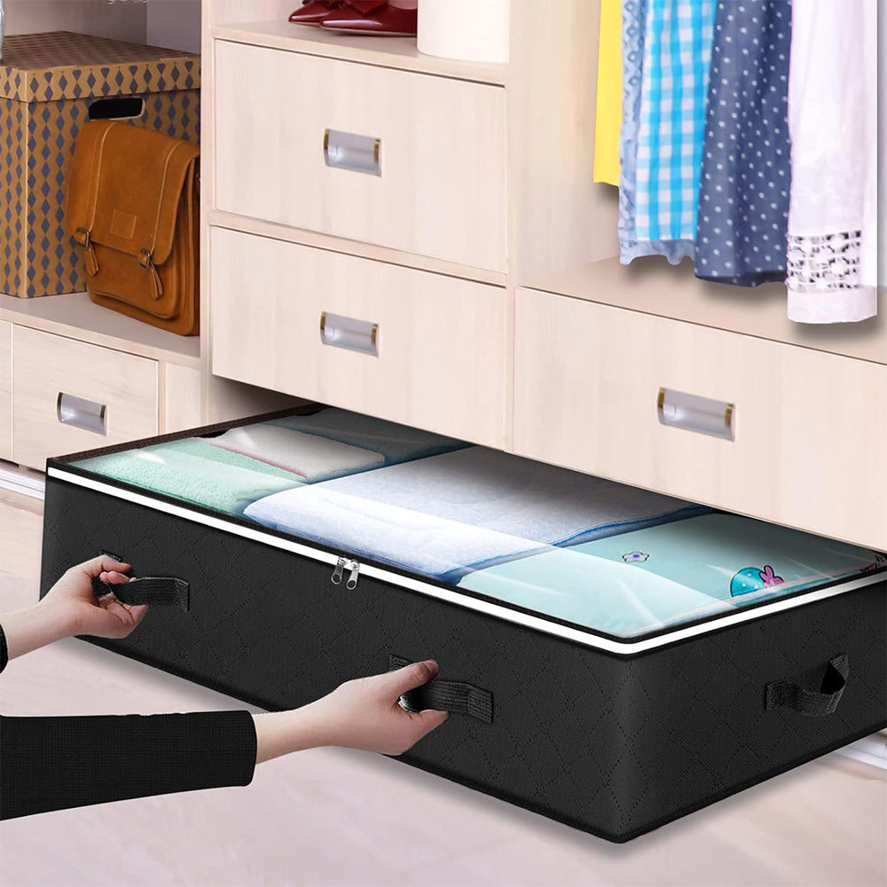 2 Pack Under Bed Zipper Storage Containers 90L Collapsible Closet Organizer Bins with Clear Window Black