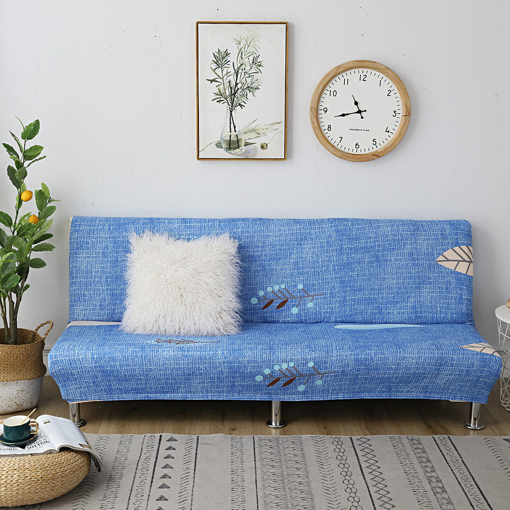 Printed Armless Futon Slipcovers Stretch Folding Sofa Bed Cover with Elastic Bottom -Blue
