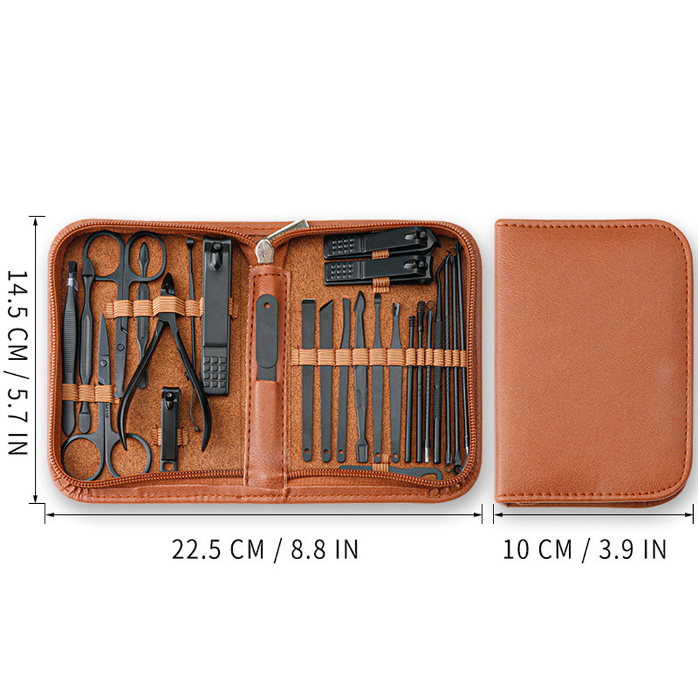 26Pcs Stainless Steel Nail Clipper Set Manicure Pedicure Kit Leather Case-Brown