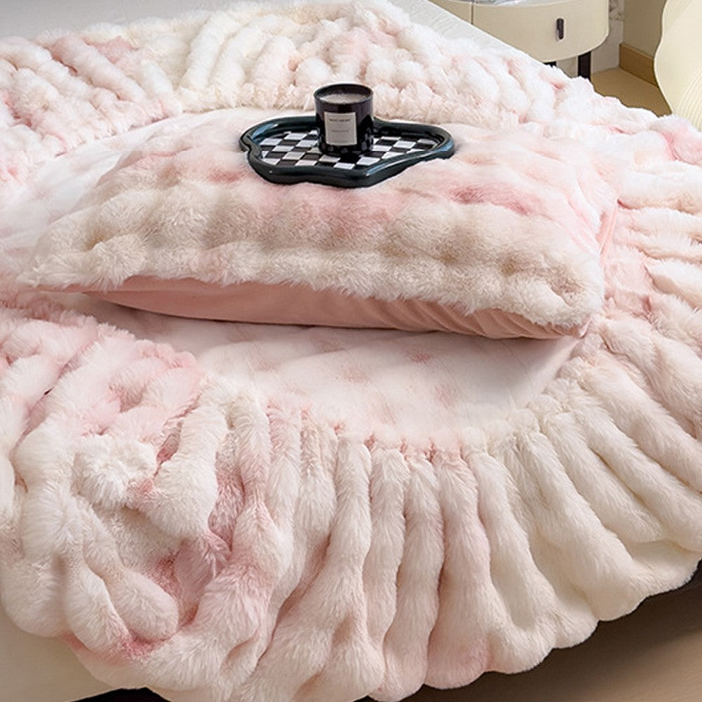 Plush Fitted Sheet with 2 Pillowcases Set Warm Mattress Cover Faux Fur Fitted Sheet Bedding Kit Pink