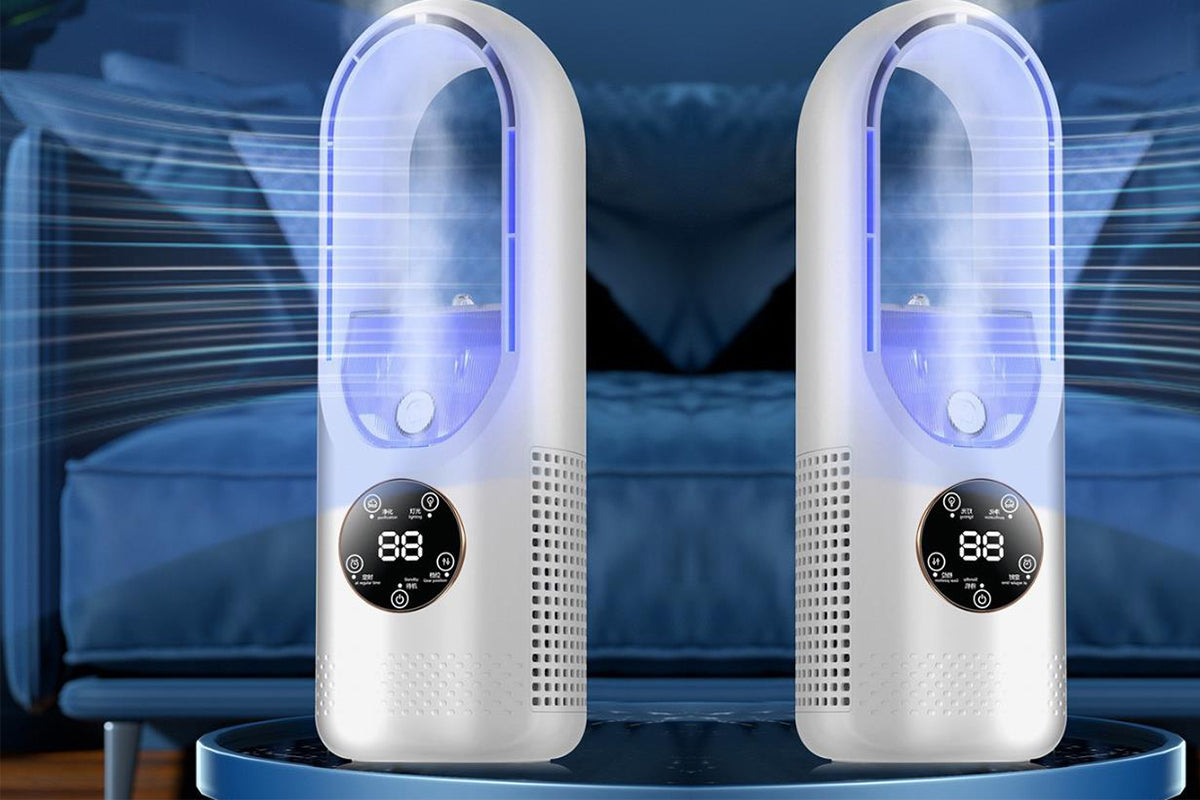 Desk Bladeless Fan with Humidifier USB-Powered Portable Air Conditioner Fan with LED Display-White