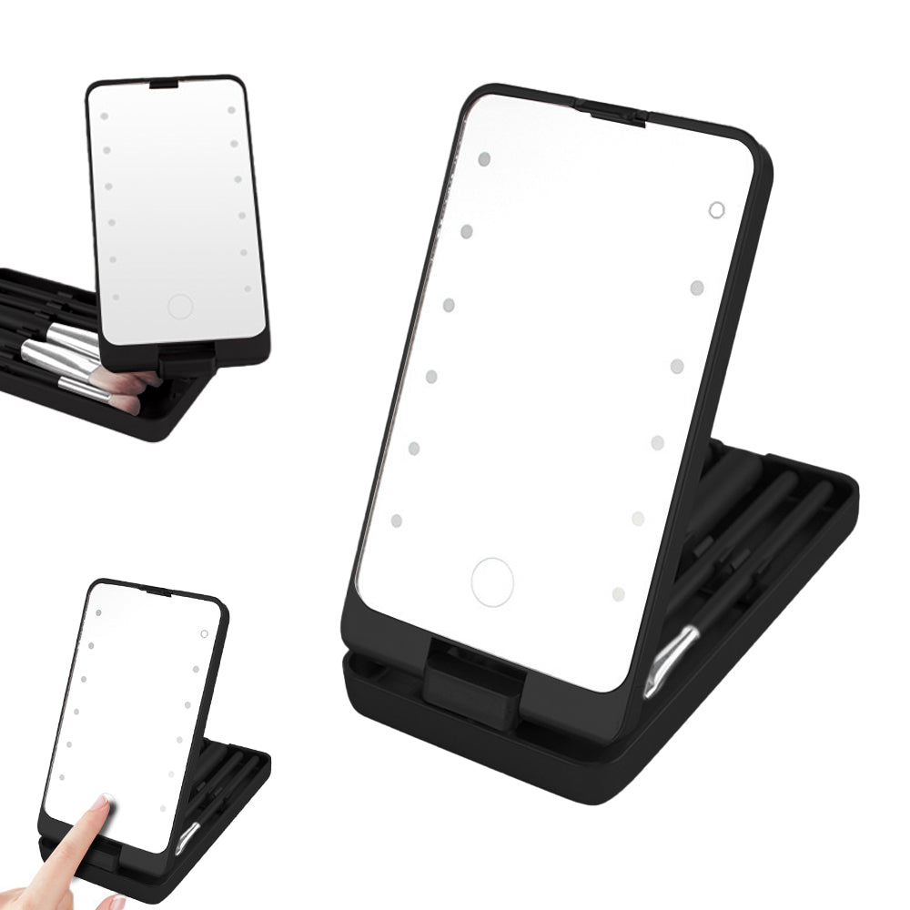 Rotating LED Vanity Mirror with 5 Cosmetic Brushes Portable Travel Makeup Mirror with Light Black