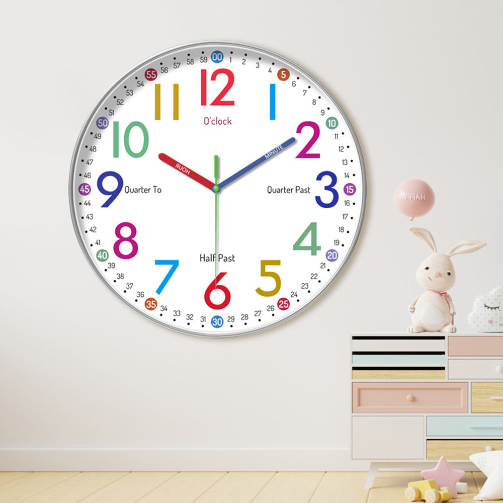 12-Inch Learning Wall Clock for Kids Silent Clock Battery Operated Colorful Teaching Time Clock Style 1