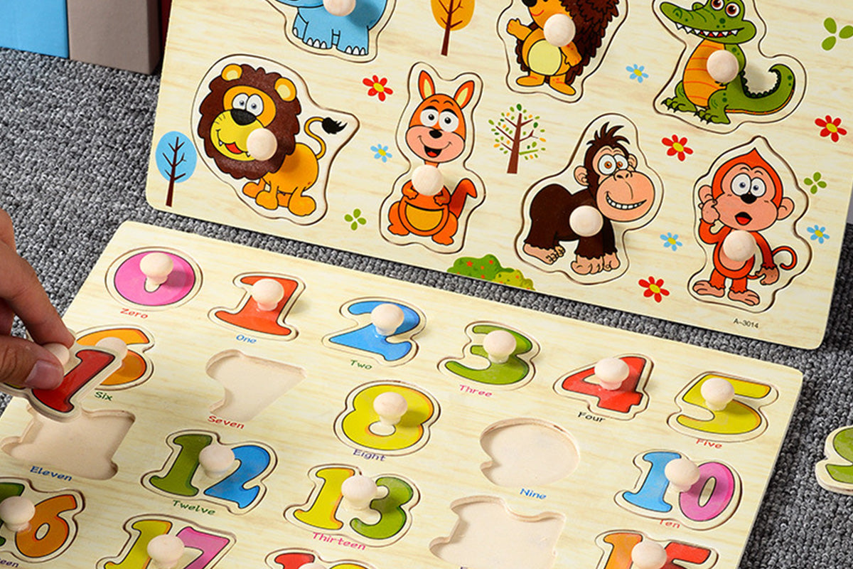 4 Sets Wooden Peg Puzzle for Girls Boys with Alphabet Animal Dinosaur Vehicle
