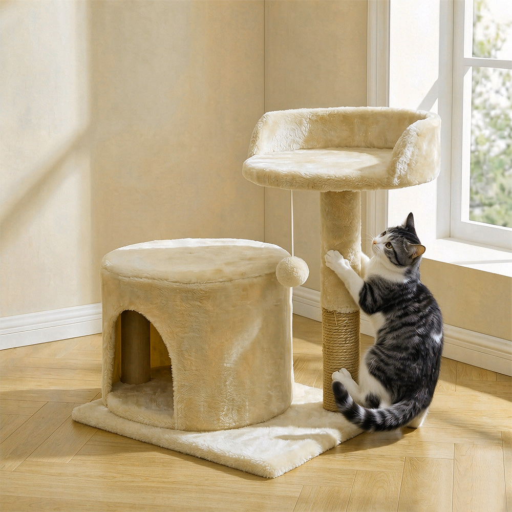 Small Cat Tree Tower with Enclosed Condo Scratching Post and Hanging Toy - Beige