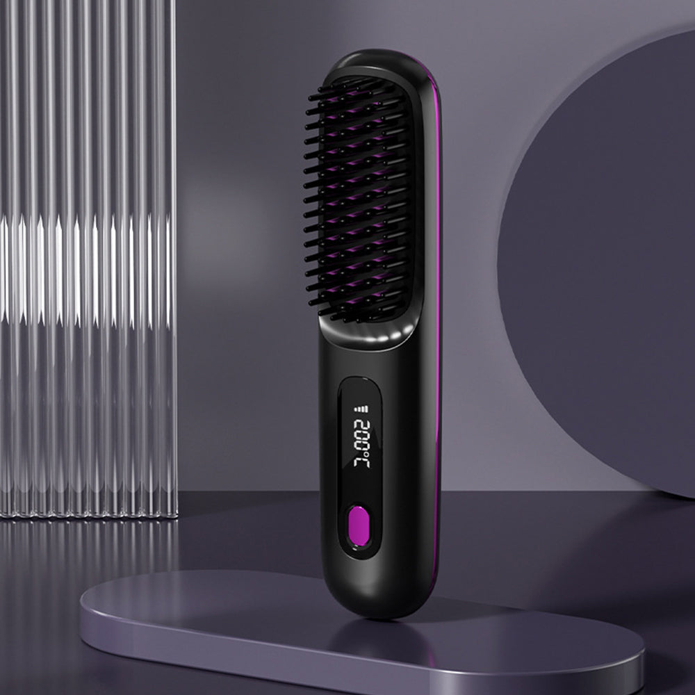 Cordless Hair Straightening Brush Portable Electric Heat-Up Straightener Comb Black